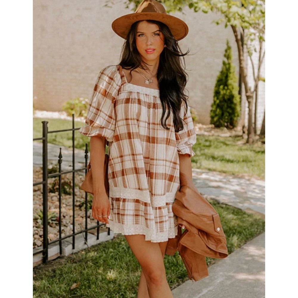 Meritt Dress Size S Amie Plaid Shift Mini Brown Cream Crochet Boho Country